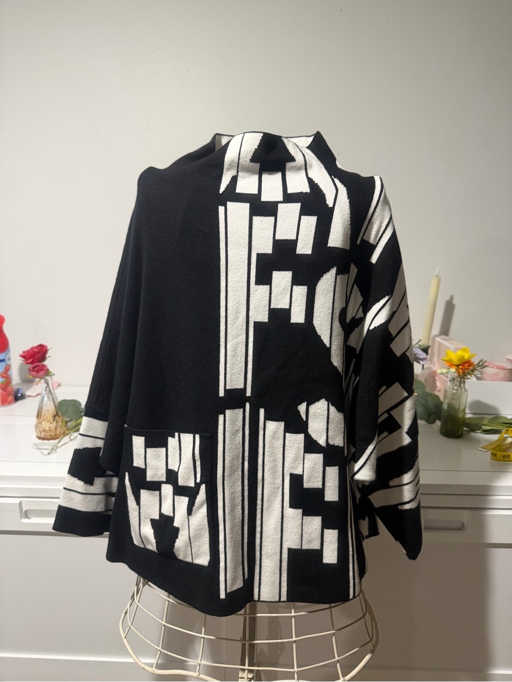 Joseph Ribkoff Black and Vanilla Geometric Mock Turtleneck Sweater